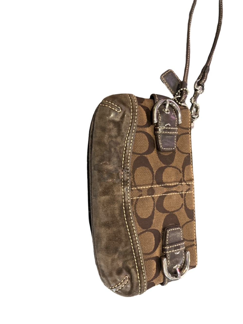 Coach Brown Signature Canvas & Leather Wristlet with Silver Hardware
